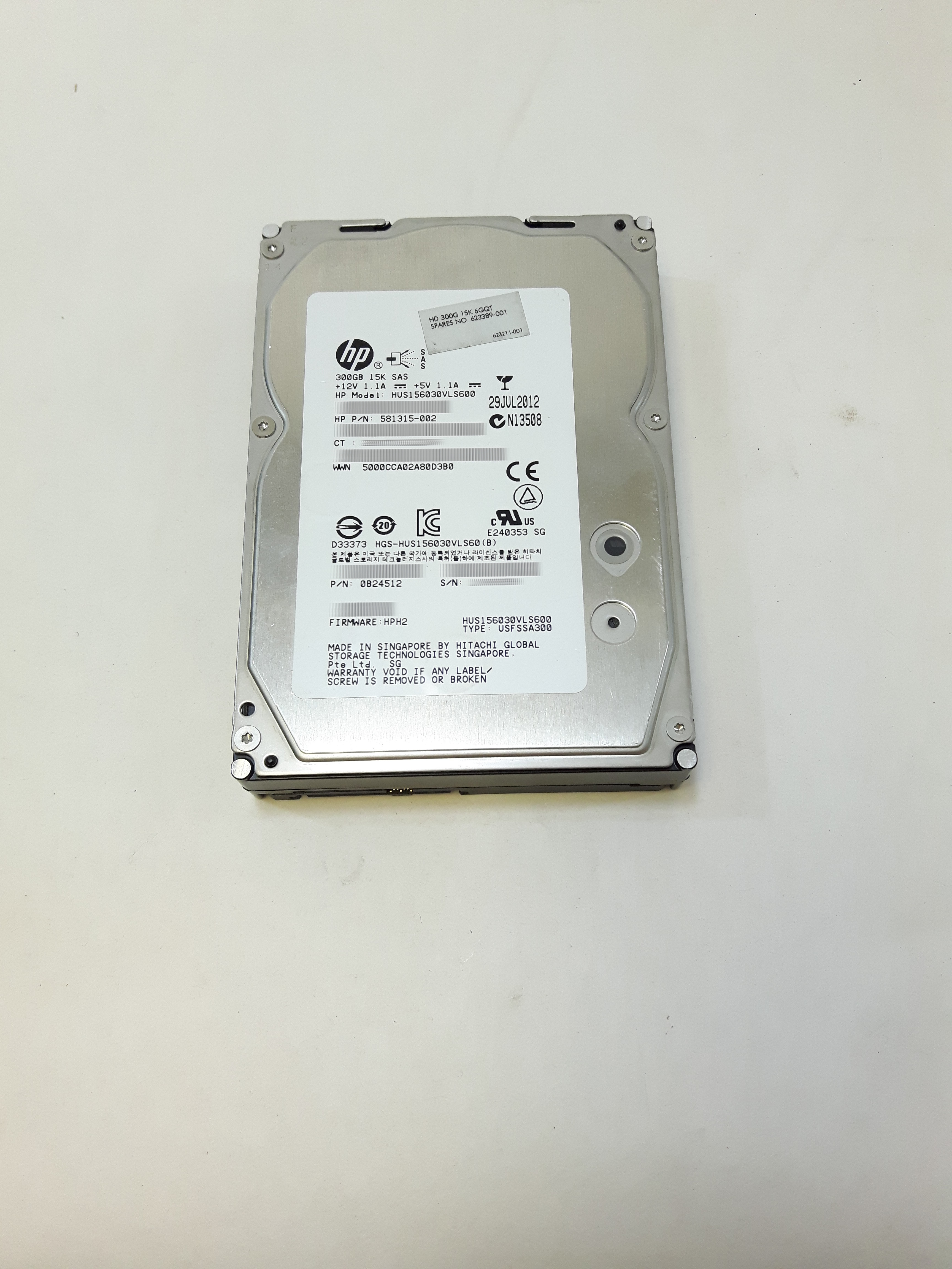 HP Hitachi 300GB HUS156030VLS600 15K RPM SAS 3.5" 0B24512 581315-002 623389-001