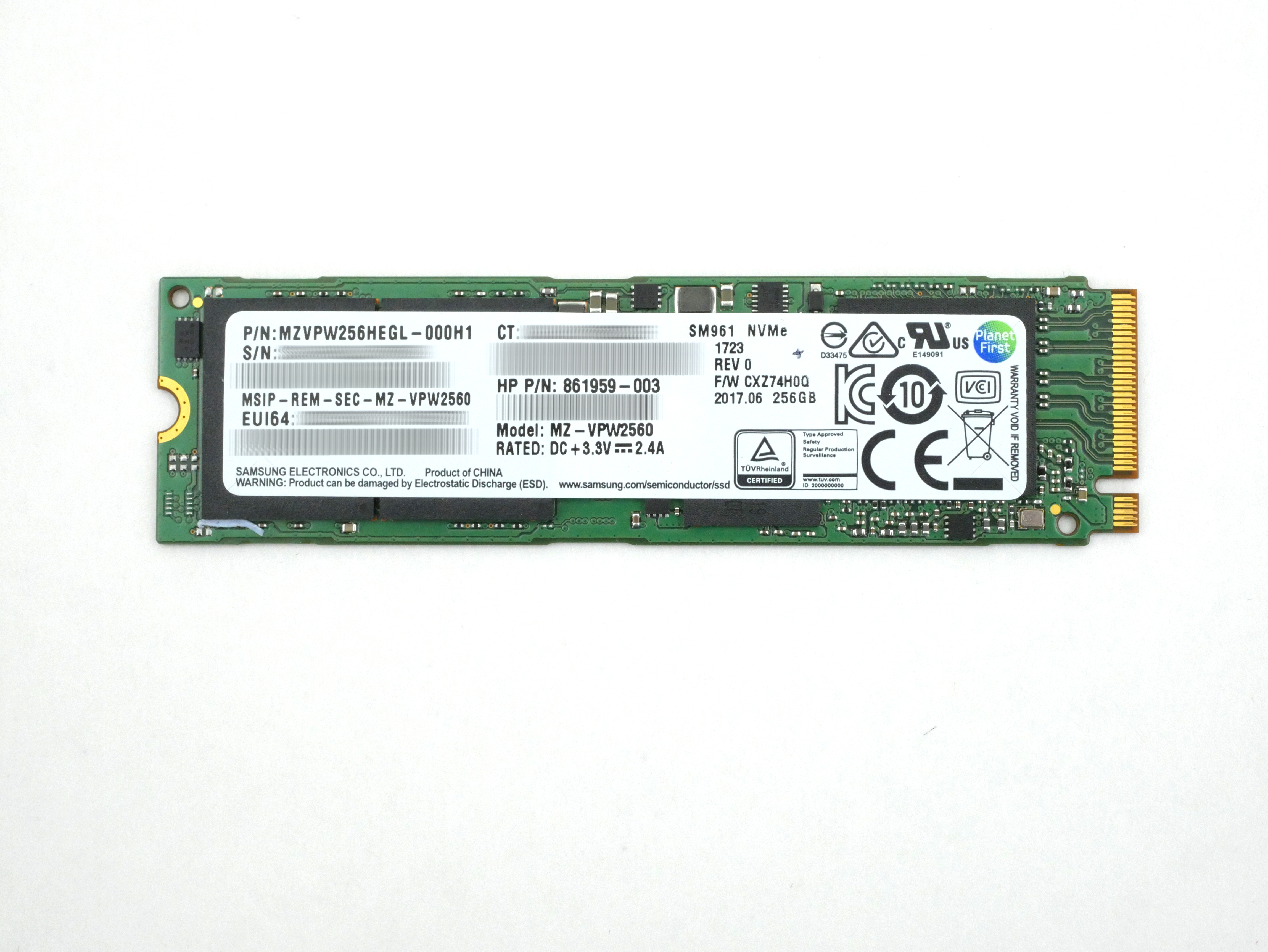 HP Samsung 256GB SM961 MZVPW256HEGL-000H1 SSD NVMe M.2 861959-003