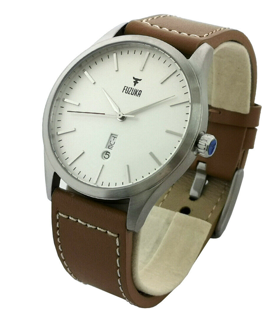 Fuzuka 42mm Silver Ivory Leather Men's Ladies Unisex Dress Elegant Watch Japan