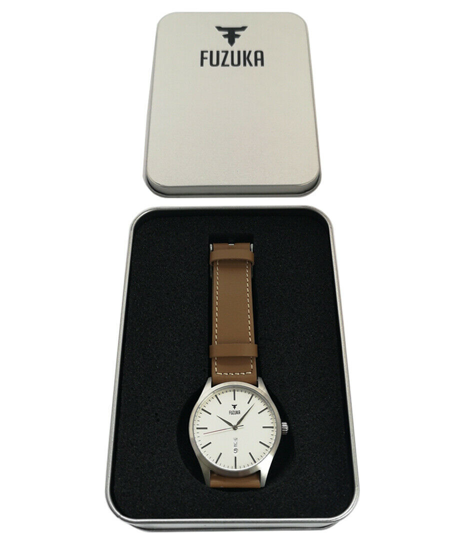 Fuzuka 42mm Silver Ivory Leather Men's Ladies Unisex Dress Elegant Watch Japan