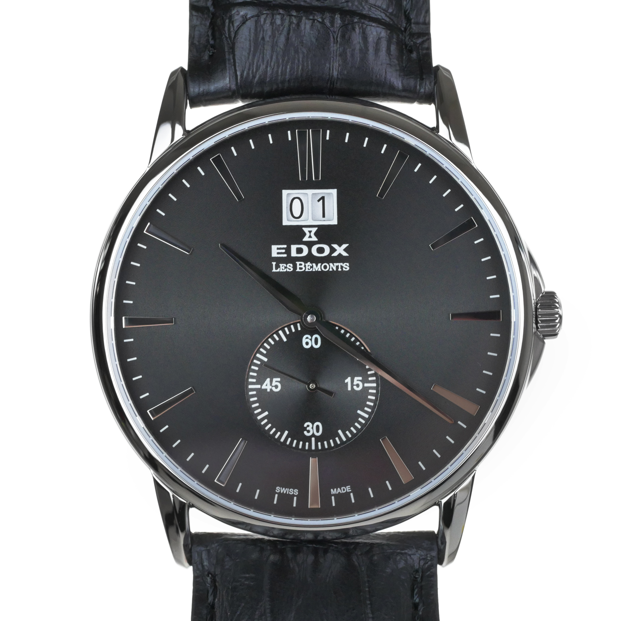 Edox Les Bemonts Black Luxury Swiss Men's Dress Watch 64012-3-NIN Leather Strap
